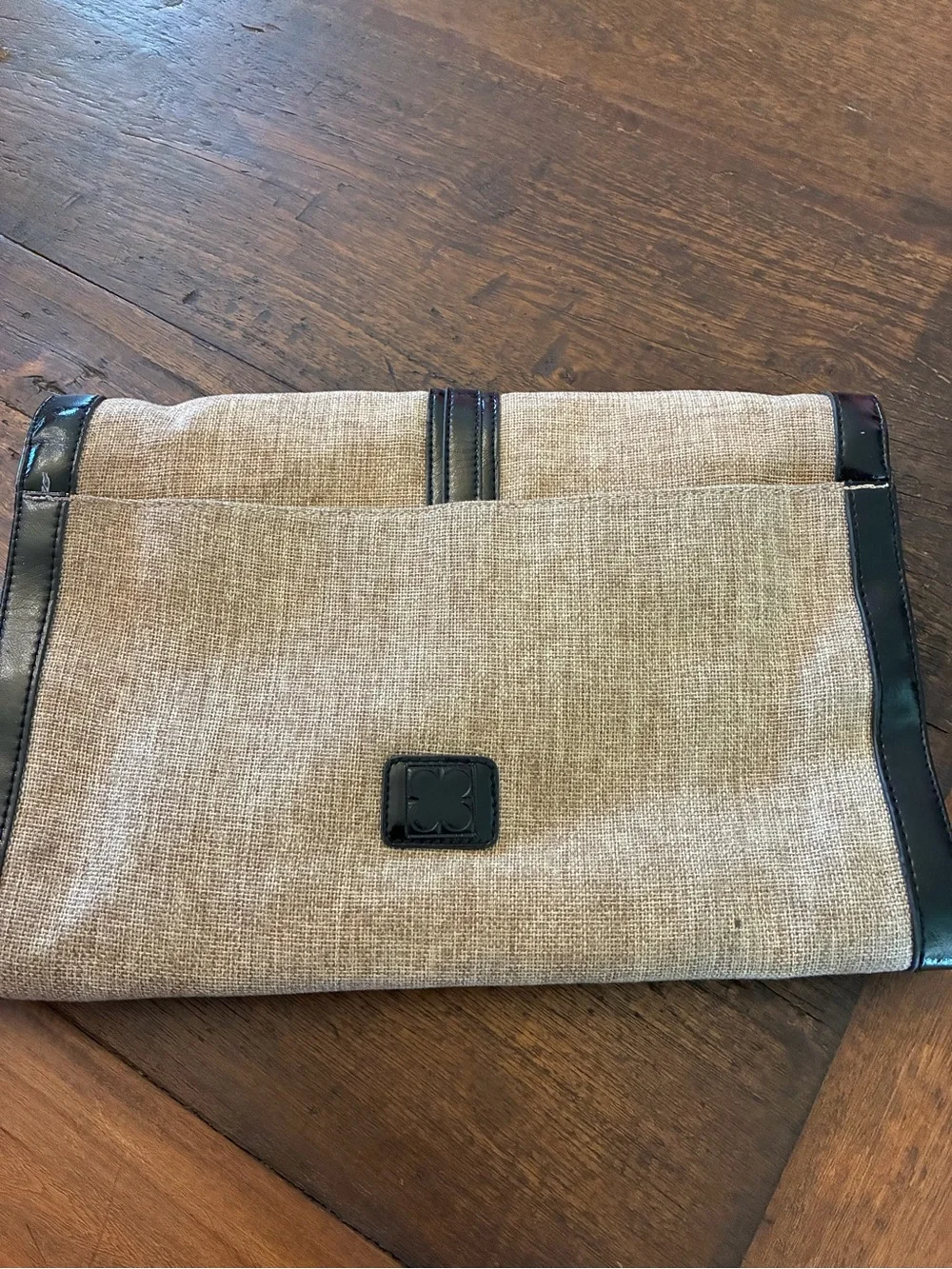 Liz Claiborne Tan Canvas Messenger Clutch with Black Trim 14 x 9 inches